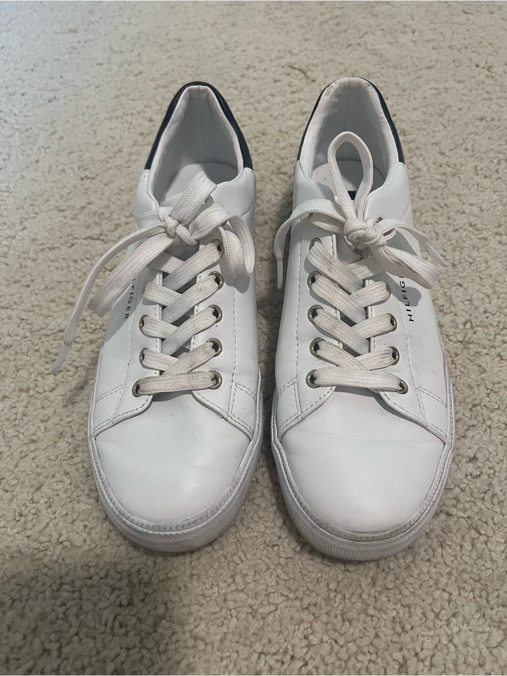 Tommy Hilfiger White Leather Sneakers with Navy Heel Trim